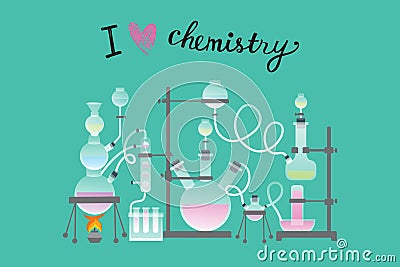 I love chemistry lettering. Laboratory with flasks and test tubes. Communicating vessels. Vector Illustration