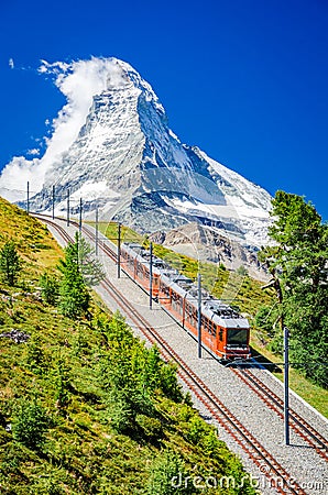 Gornergrat train and Matterhorn - Switzerland Stock Photo