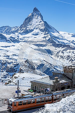 Gornergrat Train Station and The Matterhorn - Zermatt, Switzerland Editorial Stock Photo