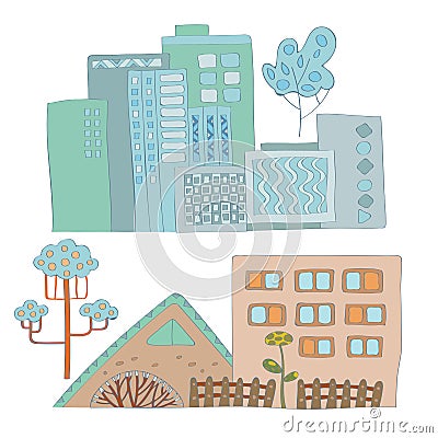 Set of Ñartoon town templates with colorful houses vector images Vector Illustration