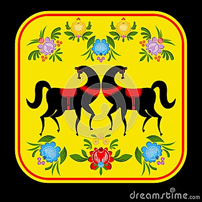 Gorodets painting Black horse and floral elements. Vector Illustration