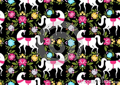 Gorodets painting Black horse and floral seamless pattern. Russian national folk craft ornament. Traditional decoration texture p Vector Illustration