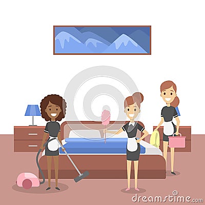 Gorup of maids cleaning hotel room. Female staff Vector Illustration