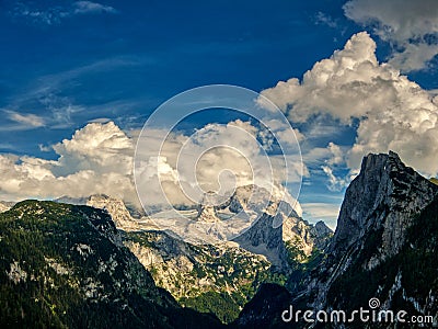 Gosausee mountain peaks aerial view with clouds Stock Photo