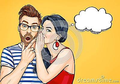 Gossip couple. Amazed man and woman talking about something. Pop Art people conversation. Stock Photo