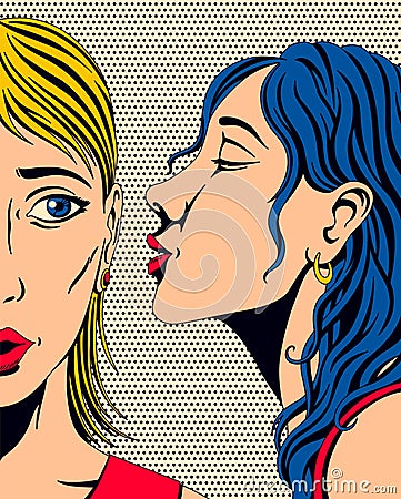 Gossip girl whispering in ear secrets. Comic book panel in pop art style. Rumor or word-of-mouth concept. Emotional Vector Illustration
