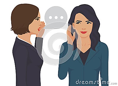 Gossip girl whispering in ear secrets, rumor. Word of mouth Vector Illustration