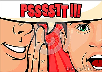 Gossip man whispering secret or news in ear of surprised person with speech bubble, rumour, word-of-mouth. Pop art Vector Illustration