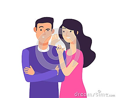 Gossiping. Woman speaking rumor gossip whisper secret to shocked man whispering vector cartoon concept Vector Illustration