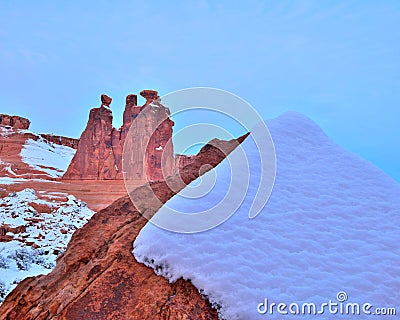 3 Gossips Rock Formation, Winter, Arches National Park, Utah. Stock Photo