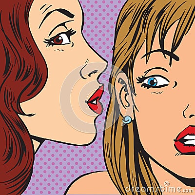 Gossips whisper of a womans ear. Emotional reaction men pop art Cartoon Illustration