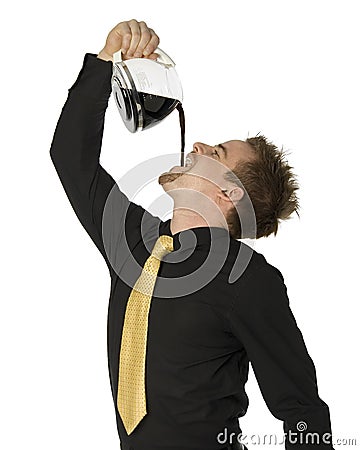 Man Guzzling Coffee on White Stock Photo