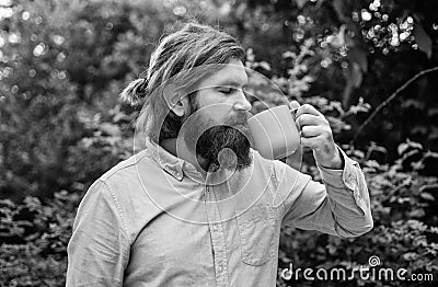 got fresh inspiration. caffeine drinking. mature brutal hipster with drink tea. perfect start of the day. happy bearded Stock Photo