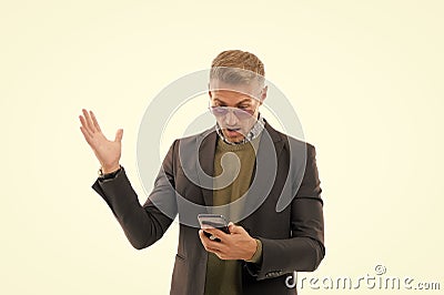 Got SMS. Businessman read sms in smartphone isolated on white. Sms messaging. Short message service. Bulk text messaging Stock Photo