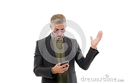 Got SMS. Businessman read sms in smartphone isolated on white. Sms messaging. Short message service. Bulk text messaging Stock Photo