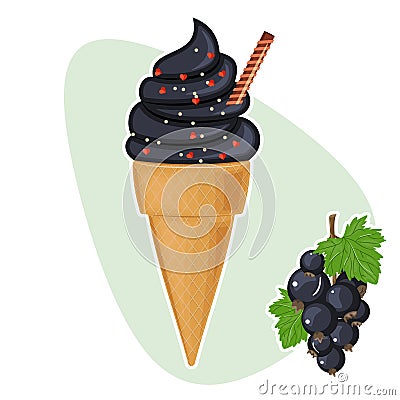 Goth black charcoal ice cream in cone, summer trend. Vector Illustration