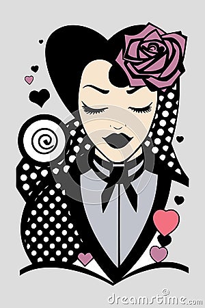 Goth, vintage, retro woman and glamour lady in pop art style, cartoon comic character with hearts and rose, fun and artistic Vector Illustration