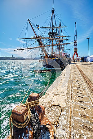 Gotheborg of Sweden is a sailing replica of the Swedish East Indiaman Gotheborg I moored in port of Lisbon, Portugal Editorial Stock Photo