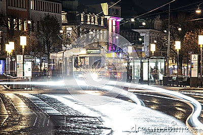 Gothenburg - Sweden. Circa October, 2019: Tram at the square and station named `Kungsportsplatsen` at a rainy autumn evening Editorial Stock Photo