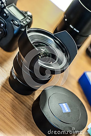 Gothenburg, Sweden - January 09 2006: Zeiss wideangle photographic lenses on a table.. Editorial Stock Photo