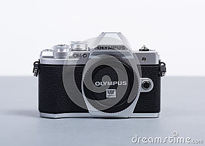 Gothenburg, Sweden - june 2019: Front view of Olympus OM-D E-M10 III digital mirrorless camera.. Editorial Stock Photo