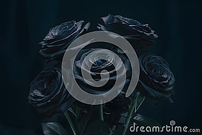 Gothic allure black roses contrast against a dark backdrop Stock Photo