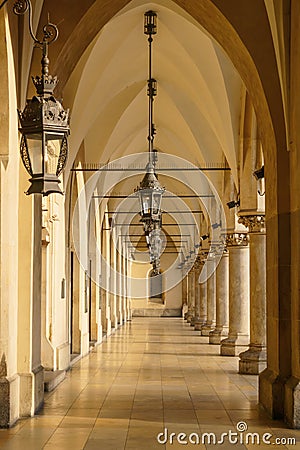 Gothic arcades in sukiennice buidning. Stock Photo