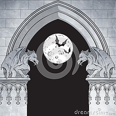 Gothic arch with gargoyles and full moon hand drawn vector illustration. Frame or print design Vector Illustration