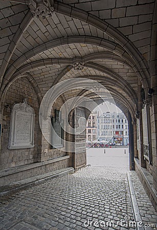 Gothic archway in Mons Town Hall, Belgium Stock Photo