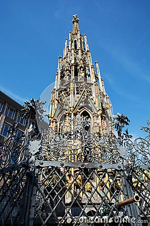 Gothic Beautiful fountain (Schoner brunnen) in Nuremberg Stock Photo