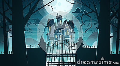 Gothic Castle Behind Gates In Moonlight Scary Building Vector Illustration