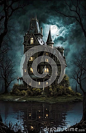 Gothic castle 03 mansion night with bat dark house Generative AI Stock Photo