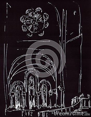 gothic cathedral interior, graphic drawing, travel sketch Cartoon Illustration