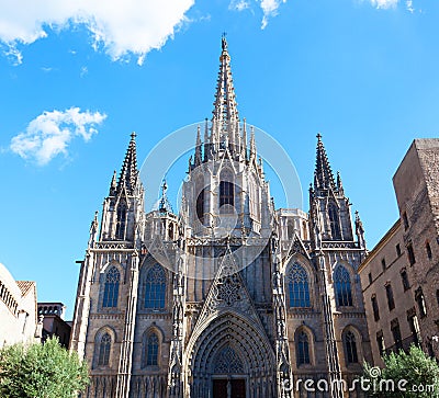 Gothic Catholic Cathedral Facade Steeples Barcelona Catalonia Spain Stock Photo