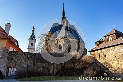 Gothic church of the Virgin Mary Visitation and White Tower. Klatovy, Czechia Stock Photo