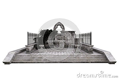 Gothic courtyard with stone arch and fountain with steps in front and an iron railing fence. 3D illustration isolated on white Stock Photo
