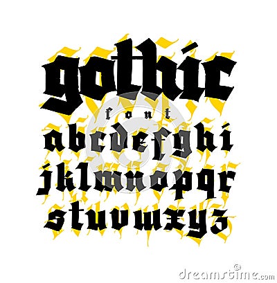 Gothic, display English font. Vector. Medieval latin letters of different styles. European design. Calligraphy and lettering. Lowe Vector Illustration