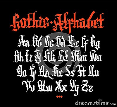 Gothic, English alphabet. Vector. Medieval Latin letters. Uppercase and lowercase letters. Signs and symbols for tattoos. Ancient Vector Illustration