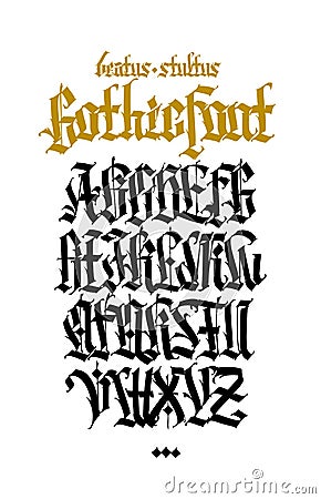 Gothic, English alphabet. Vector. Medieval latin trendy letters. Signs and symbols for tattoos. Ancient European style. Calligraph Vector Illustration