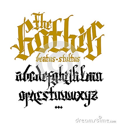 Gothic, English alphabet. Vector. Medieval latin trendy letters. Signs and symbols for tattoos. Ancient European style. Calligraph Vector Illustration