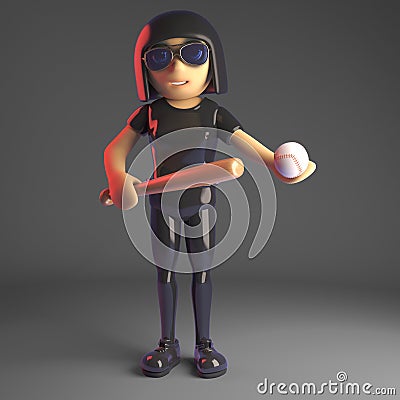 Gothic girl in leather catsuit holding a baseball bat and ball, 3d illustration Cartoon Illustration
