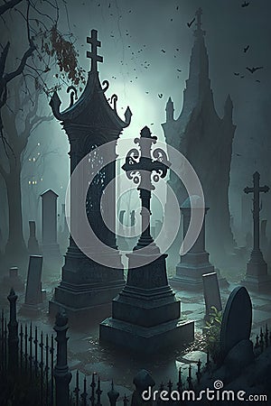 Gothic graveyard with tombstones and crosses. Halloween background. Stock Photo