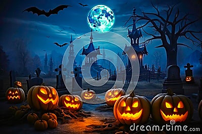 Gothic Halloween Setting: Jack-o'-Lanterns by the Castle Ruins Stock Photo