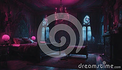 A Gothic-inspired bedroom with neon lights creating an eerie and atmospheric Stock Photo