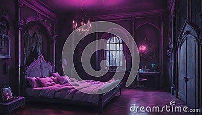 A Gothic-inspired bedroom with neon lights creating an eerie and atmospheric Stock Photo