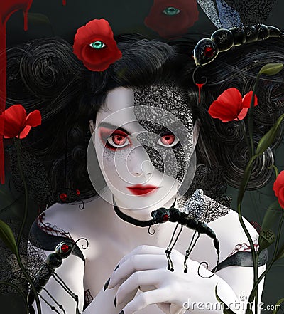 Gothic lady with surreal poppies and scary butterflies Cartoon Illustration