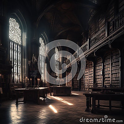 Gothic Library. AI Generated Stock Photo