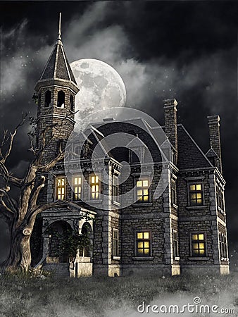 Gothic mansion with an old tree Stock Photo