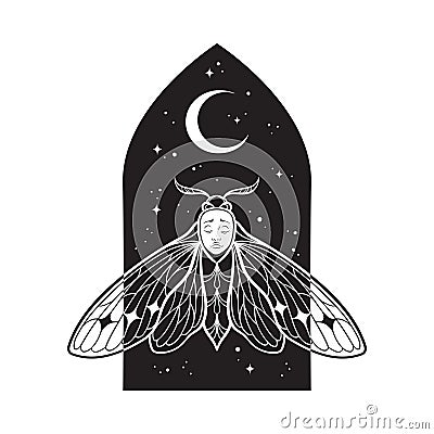 Gothic moth with face over night sky with crescent moon hand drawn line art gothic tattoo design isolated vector illustration Vector Illustration