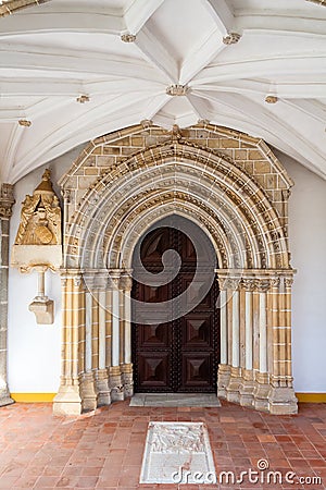 Gothic portal in the Loios Convent used as a Historical Hotel. Stock Photo